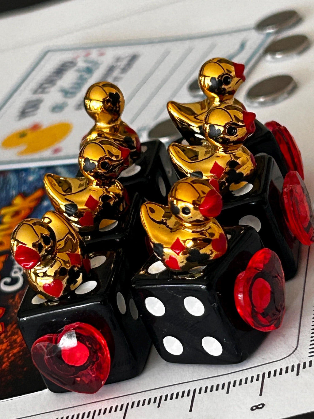 Set of 6 Gold Casino Mini Resin Ducks on Black Dice with Red Hearts – Handmade Decorative Duck Collectibles – Casino Decor