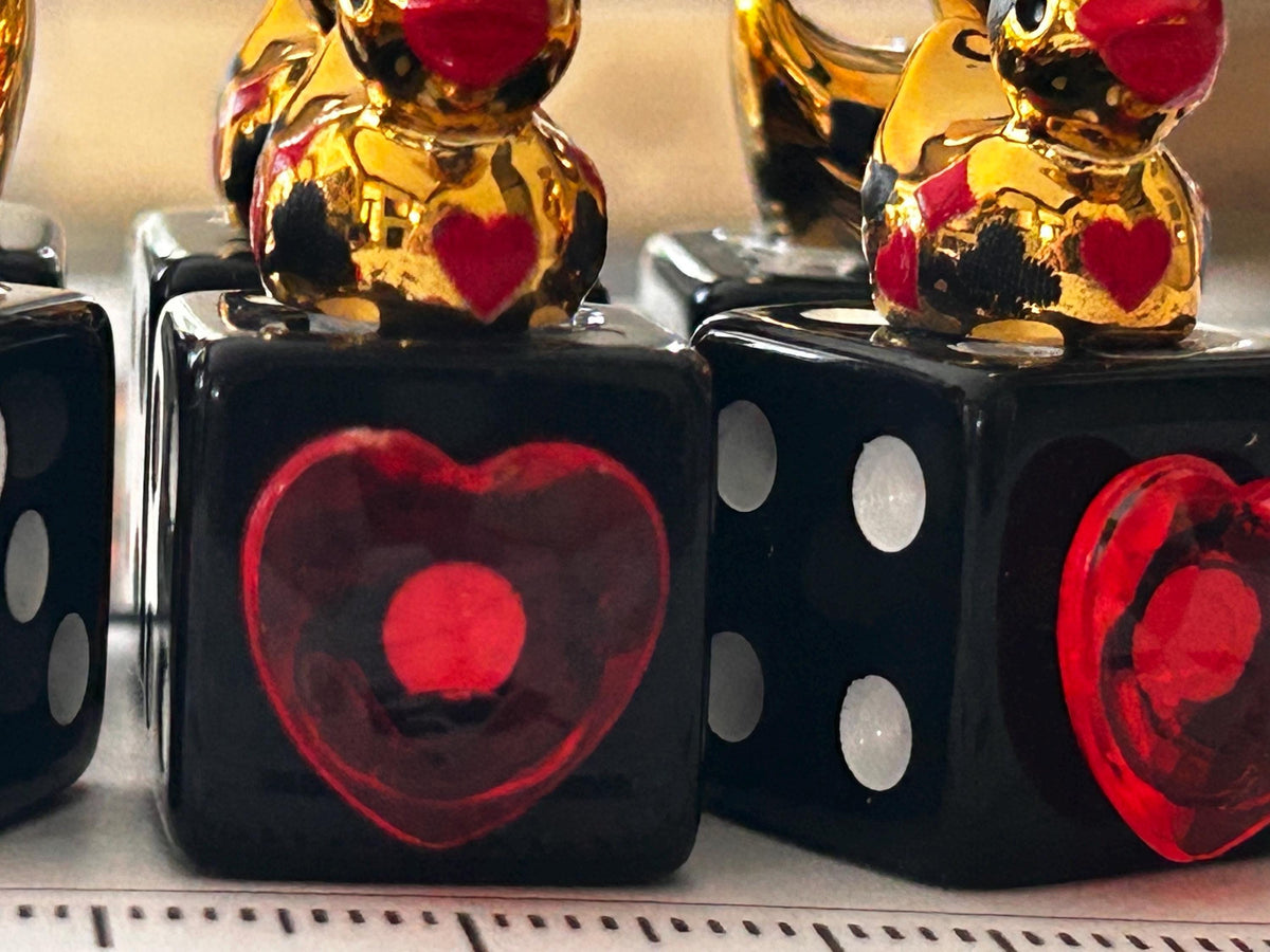 Set of 6 Gold Casino Mini Resin Ducks on Black Dice with Red Hearts – Handmade Decorative Duck Collectibles – Casino Decor