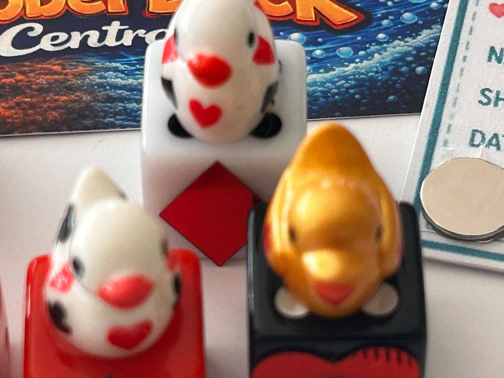 6 Piece Casino Dice & Mini Resin Duck Set – Red Black White Playing Card Suit Dice – Handmade Casino Decor – Duck Collectible Gift