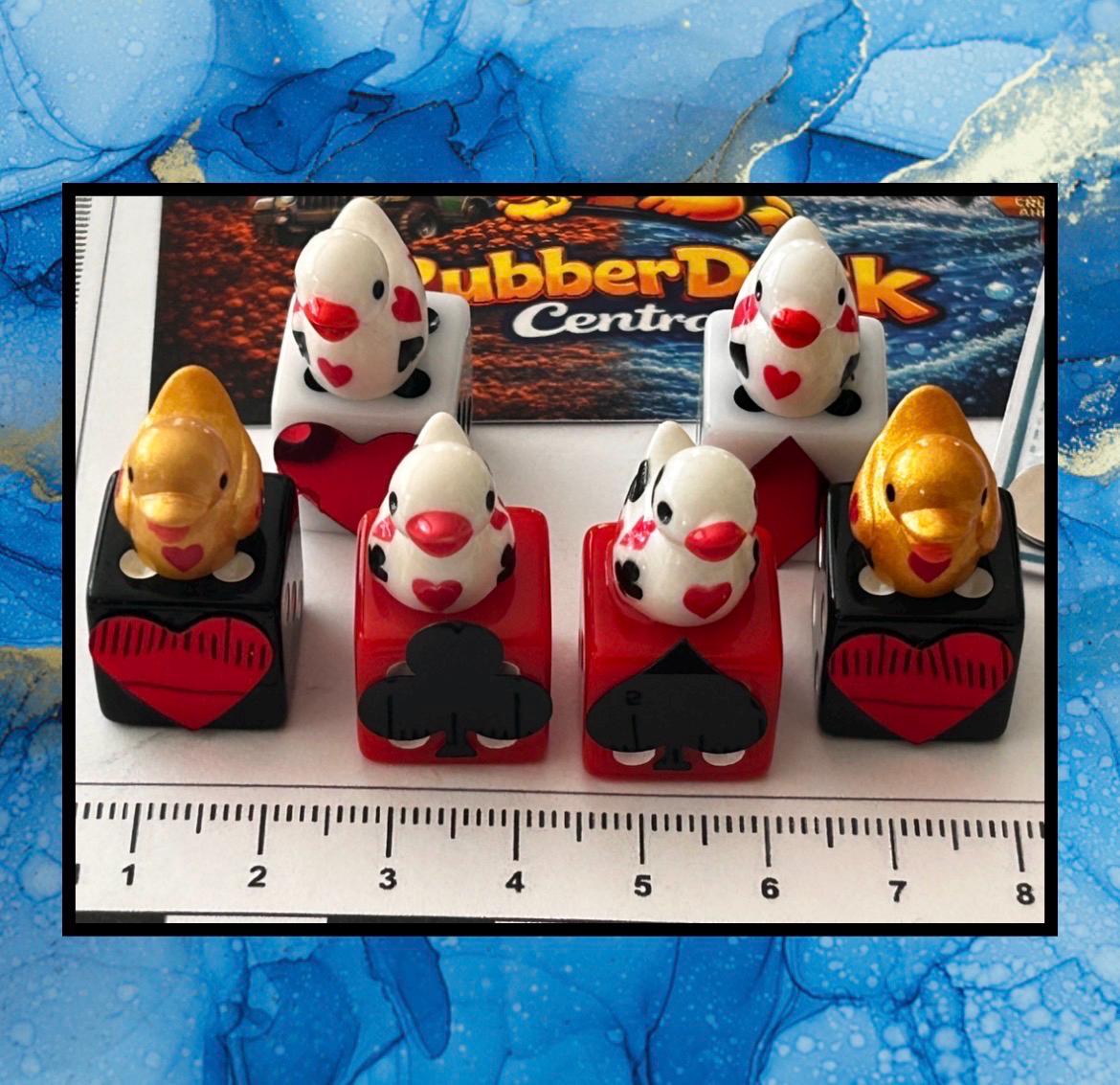6 Piece Casino Dice & Mini Resin Duck Set – Red Black White Playing Card Suit Dice – Handmade Casino Decor – Duck Collectible Gift