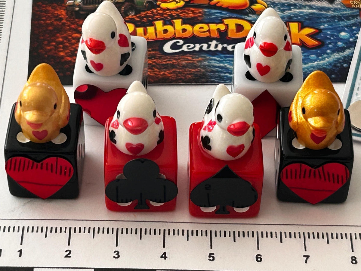 6 Piece Casino Dice & Mini Resin Duck Set – Red Black White Playing Card Suit Dice – Handmade Casino Decor – Duck Collectible Gift