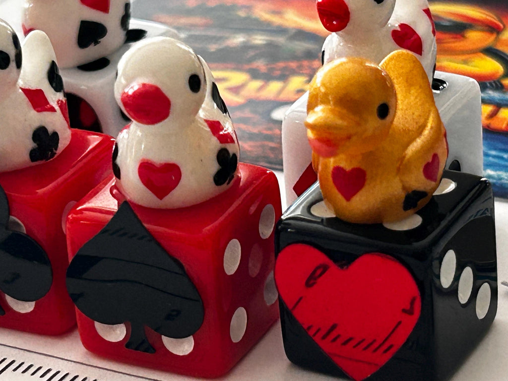 6 Piece Casino Dice & Mini Resin Duck Set – Red Black White Playing Card Suit Dice – Handmade Casino Decor – Duck Collectible Gift