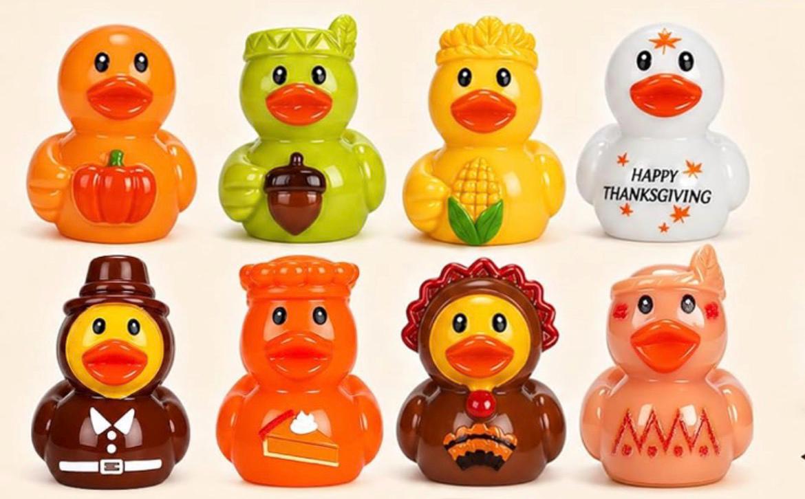 Set of 8, Thanksgiving Fall Themed Mini Resin Ducks, Magnetic or Non-Magnetic, Optional Personalized Duck Hiding Tags