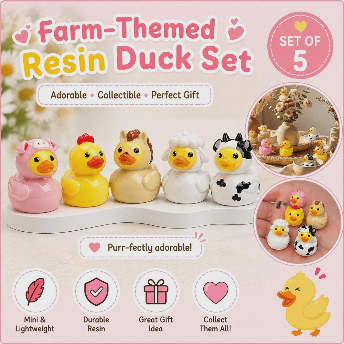 Set of 5, Farm Animal Themed Mini Resin Ducks, Magnetic or Non-Magnetic, Optional Personalized Duck Hiding Tags