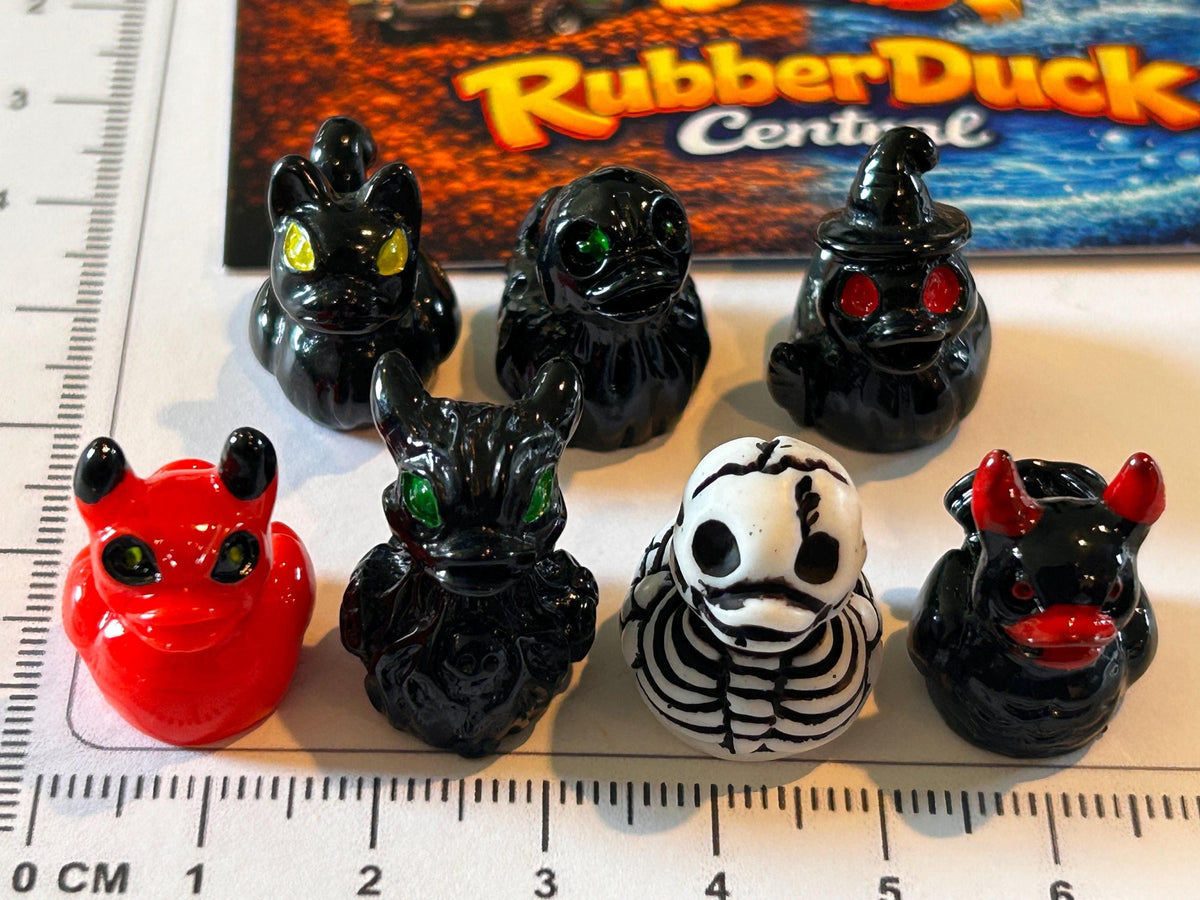 Set of 7, Spooky Halloween (Set 3) Themed Mini Resin Ducks, Magnetic or Non-Magnetic, Optional Personalized Duck Hiding Tags