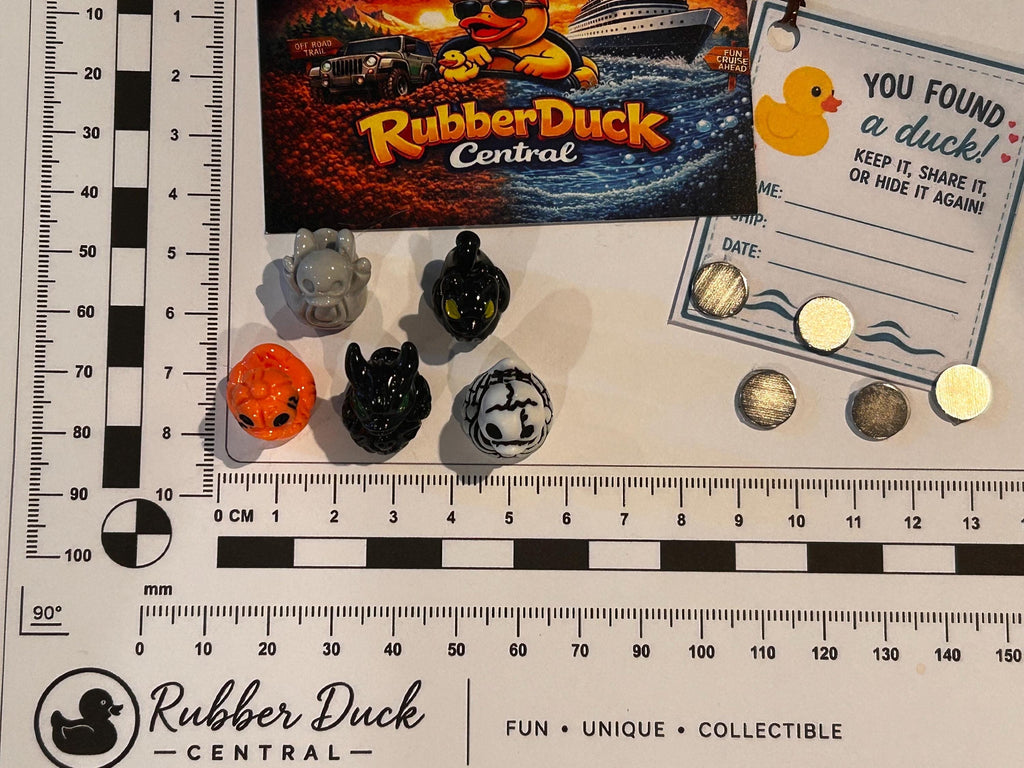Set of 5, Spooky Halloween (Set 1) Themed Mini Resin Ducks, Magnetic or Non-Magnetic, Optional Personalized Duck Hiding Tags