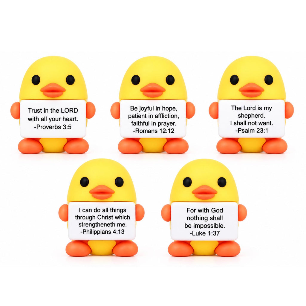 Share a little faith, encouragement, and joy with this Set of 5 Faithful Mini Ducks! Each mini PVC duck features a Bible Verse