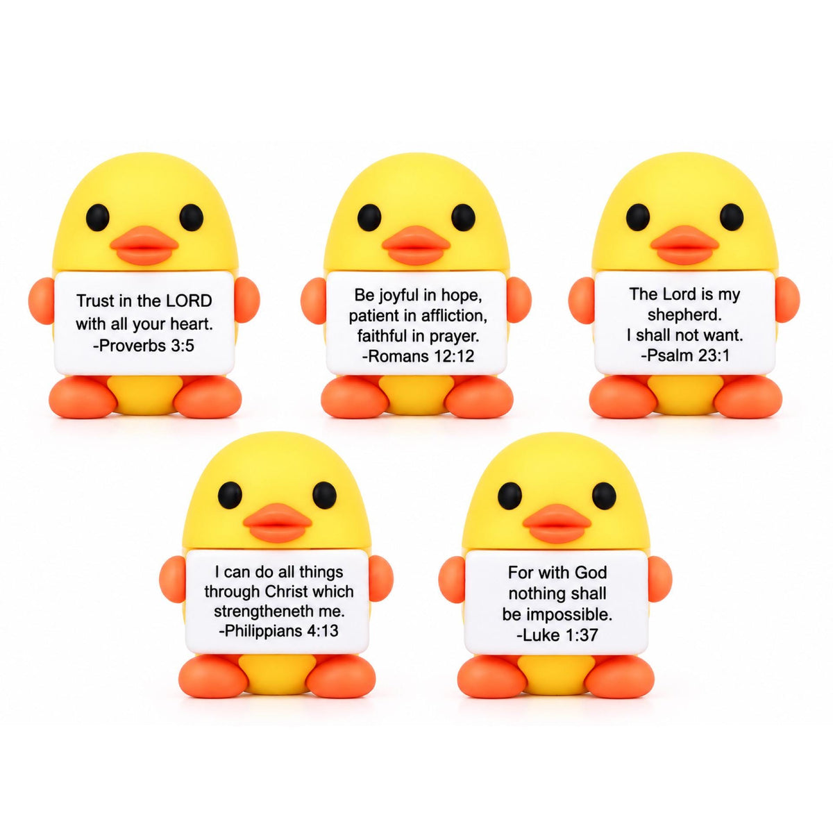 Share a little faith, encouragement, and joy with this Set of 5 Faithful Mini Ducks! Each mini PVC duck features a Bible Verse