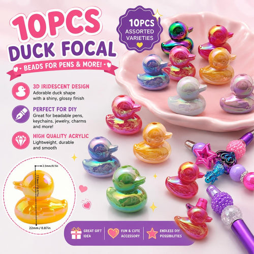 10pcs Forcal Beads for Pens, Acrylic 3D Duck Focals Beads Bulk for Beadable Pens Keychain Making Jewelry Supplies for Teacher Charms Assorte