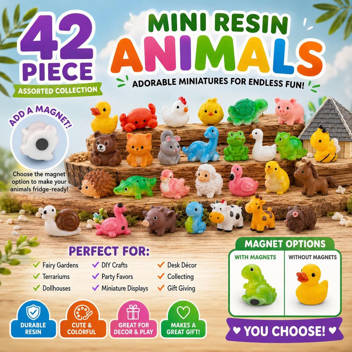 42-Piece Mini Resin Animal Collection – Assorted Tiny Animals for Crafts, Fairy Gardens, Miniature Displays & DIY Décor – Optional Magnets