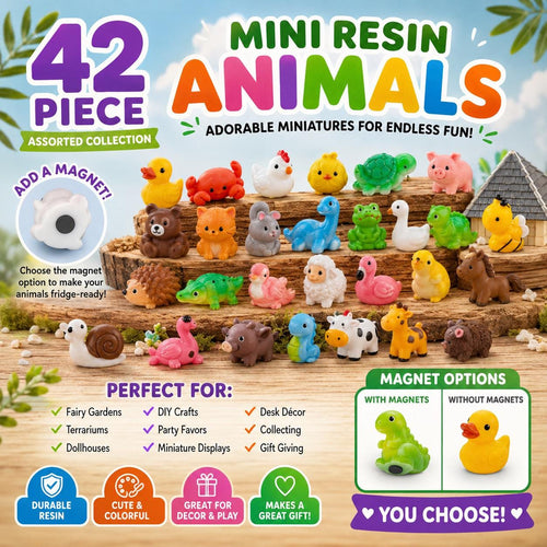 42-Piece Mini Resin Animal Collection – Assorted Tiny Animals for Crafts, Fairy Gardens, Miniature Displays & DIY Décor – Optional Magnets