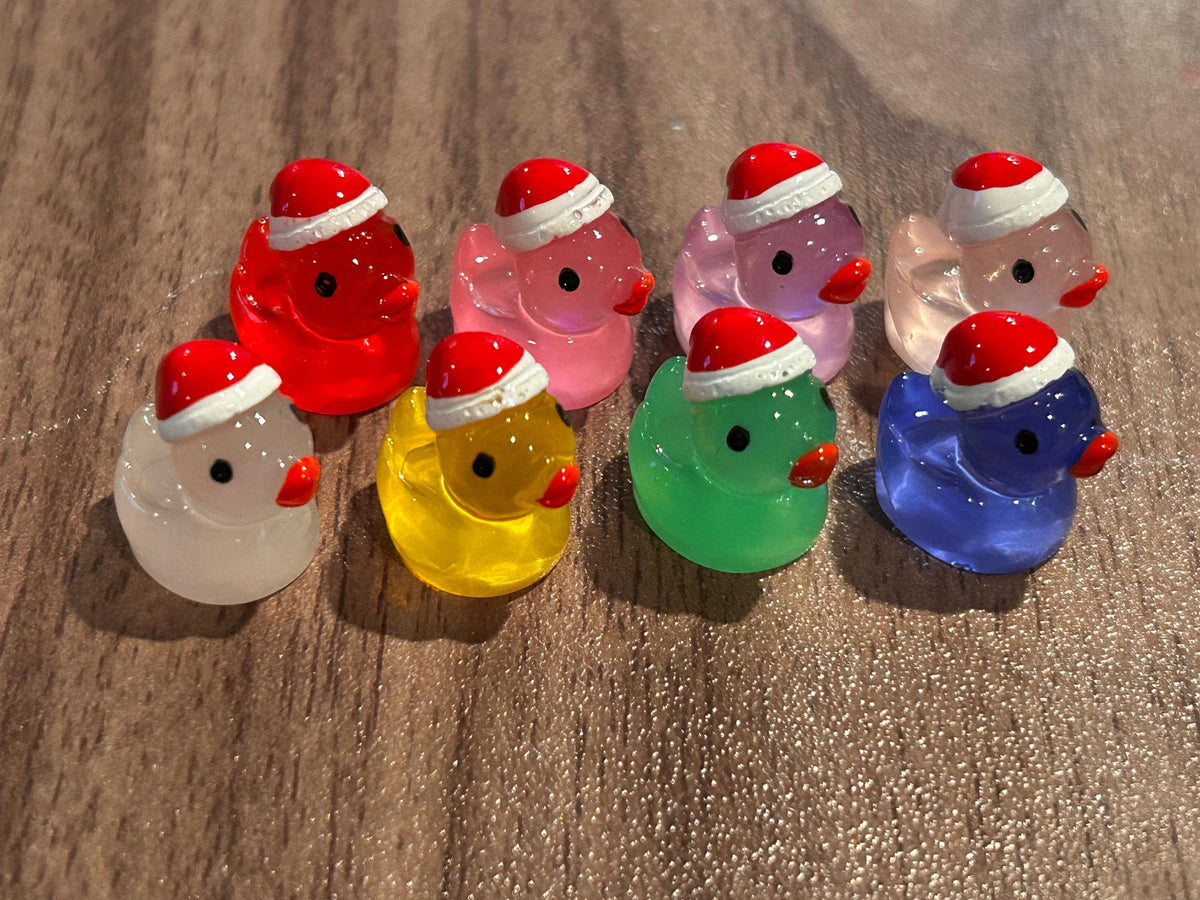 Set of 8, Glow-in-the-Dark Christmas Santa Hat Themed Mini Resin Ducks, Magnetic or Non-Magnetic, Optional Personalized Duck Hiding Tags