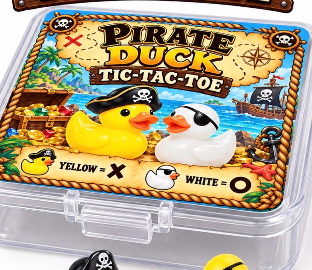 Pirate Duck Tic-Tac-Toe Set with Clear Storage Case, 8 Mini Resin Ducks, Mini Travel Game, Cruise Duck, Duck Lover Gift