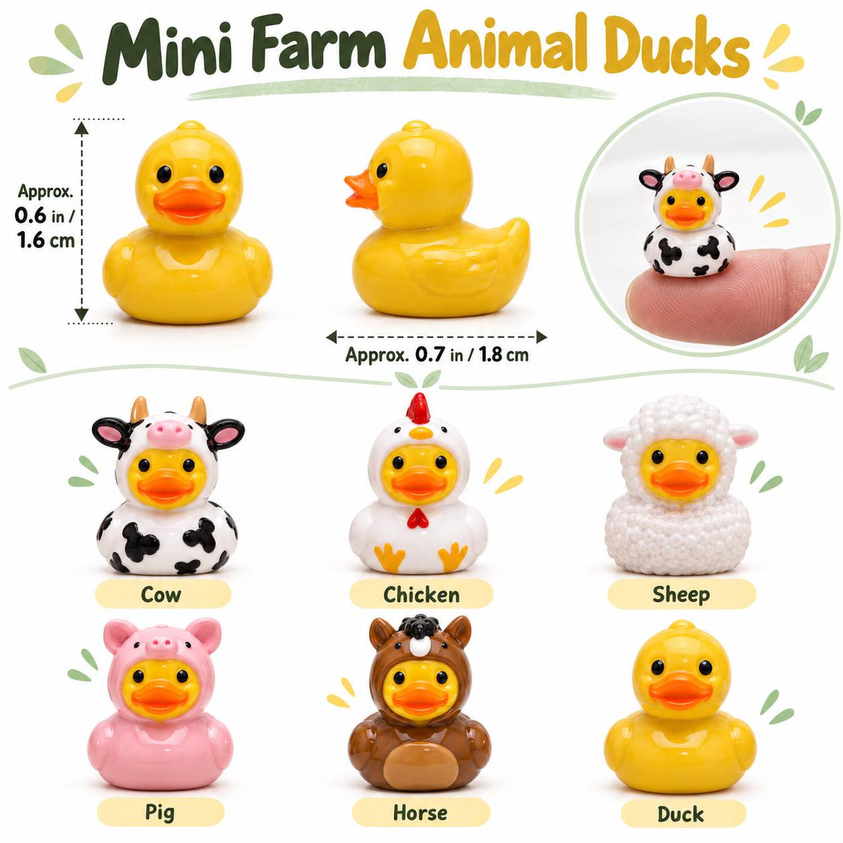 Set of 6, Farm Animal Themed Mini Resin Ducks, Magnetic or Non-Magnetic, Optional Personalized Duck Hiding Tags