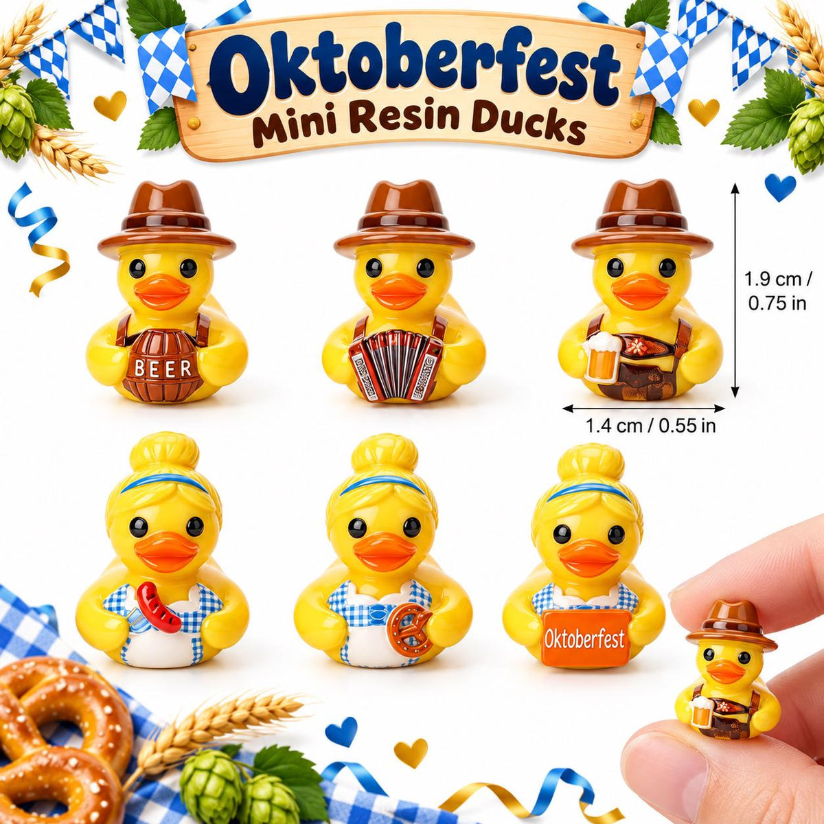 Set of 6, Octoberfeste (Set #2) Themed Mini Resin Ducks, Magnetic or Non-Magnetic, Optional Personalized Duck Hiding Tags