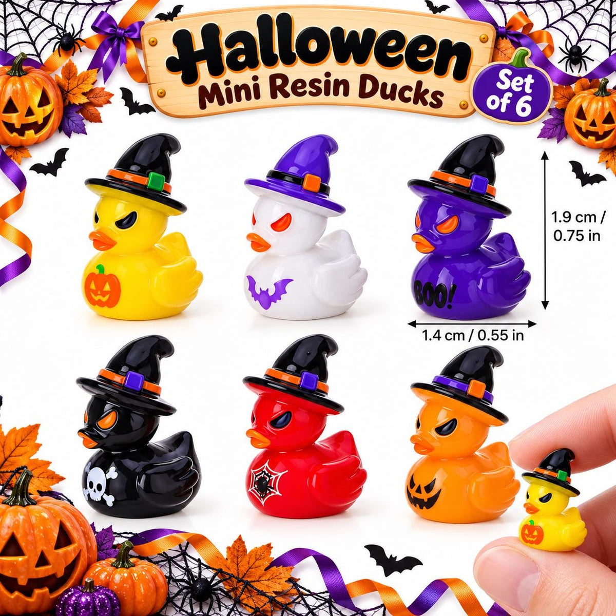 Set of 6, Halloween Witches Themed Mini Resin Ducks, Magnetic or Non-Magnetic, Optional Personalized Duck Hiding Tags