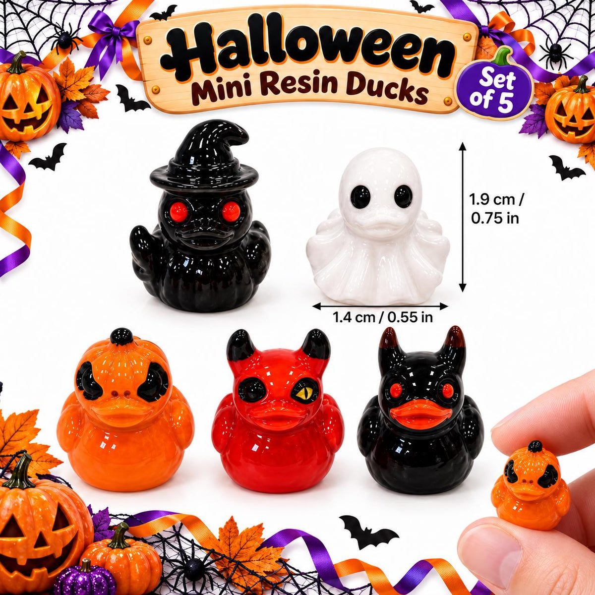 Set of 5, Spooky Halloween (Set 2) Themed Mini Resin Ducks, Magnetic or Non-Magnetic, Optional Personalized D