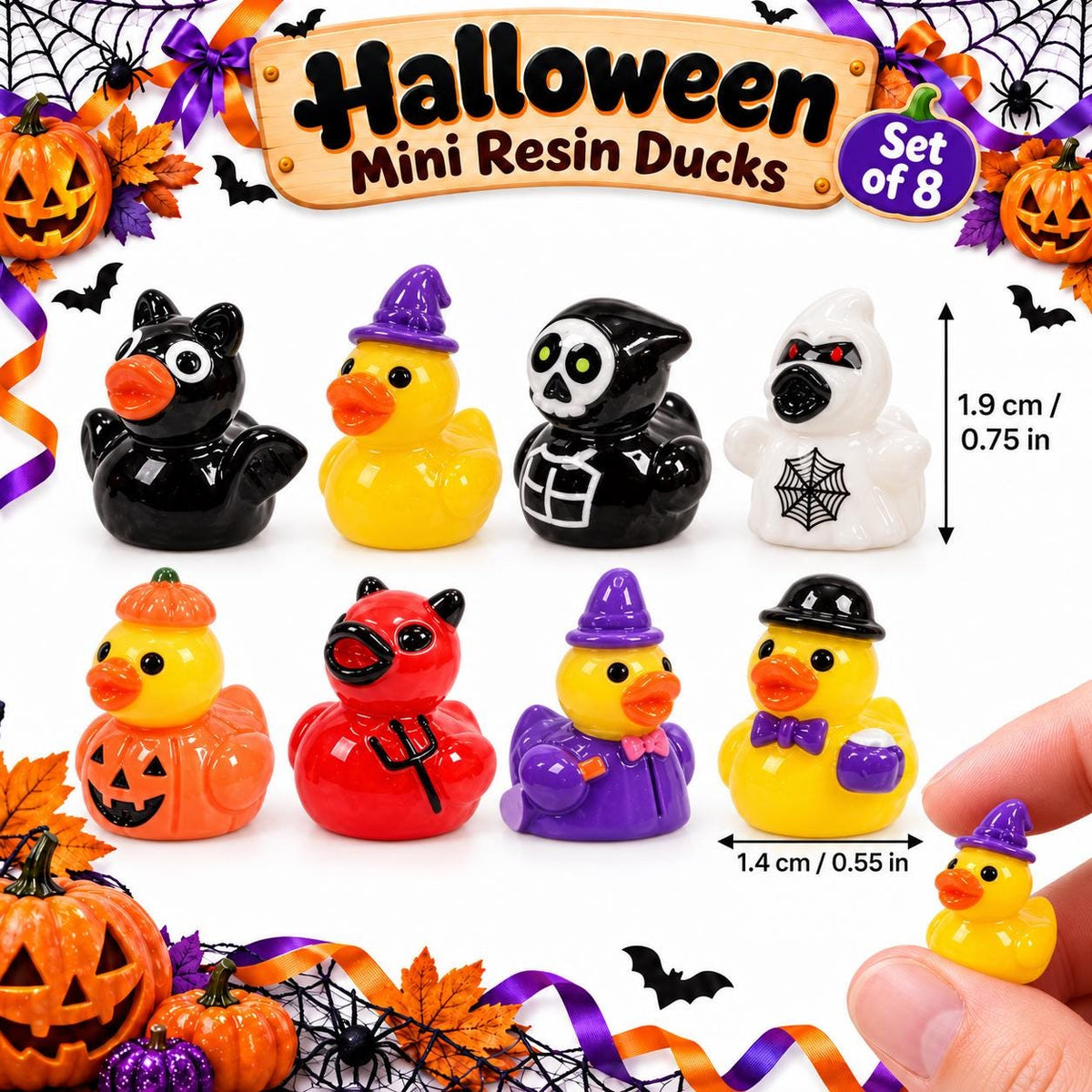 Set of 8, Halloween Mix Themed Mini Resin Ducks, Magnetic or Non-Magnetic, Optional Personalized Duck Hiding Tags