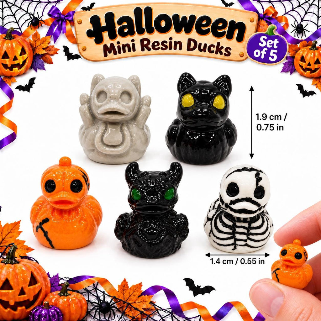 Set of 5, Spooky Halloween (Set 1) Themed Mini Resin Ducks, Magnetic or Non-Magnetic, Optional Personalized Duck Hiding Tags