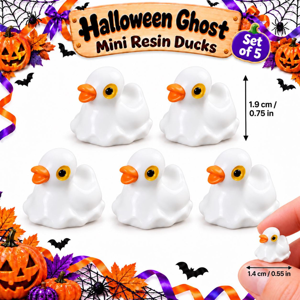 Set of 5, Halloween Ghost Themed Mini Resin Ducks, Magnetic or Non-Magnetic, Optional Personalized Duck Hiding Tags