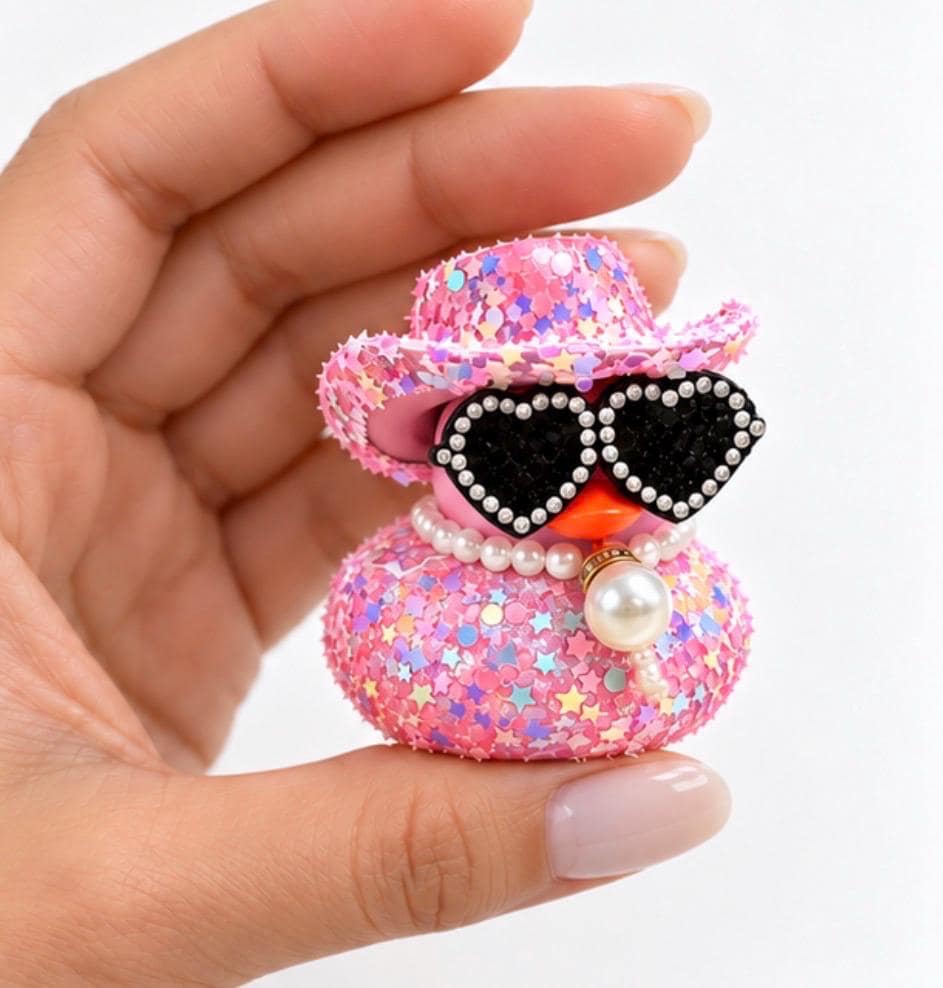 Blinged Sparkly Cowboy Hat Duck with Rhinestone Heart Sunglasses, 2 Inch Decorated Duck, Pink, Purple or Blue, Single or Set of 3