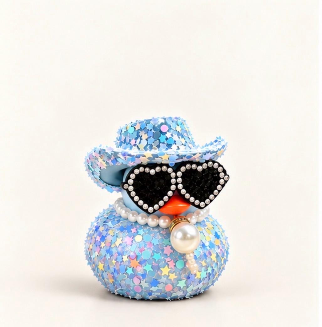 Blinged Sparkly Cowboy Hat Duck with Rhinestone Heart Sunglasses, 2 Inch Decorated Duck, Pink, Purple or Blue, Single or Set of 3