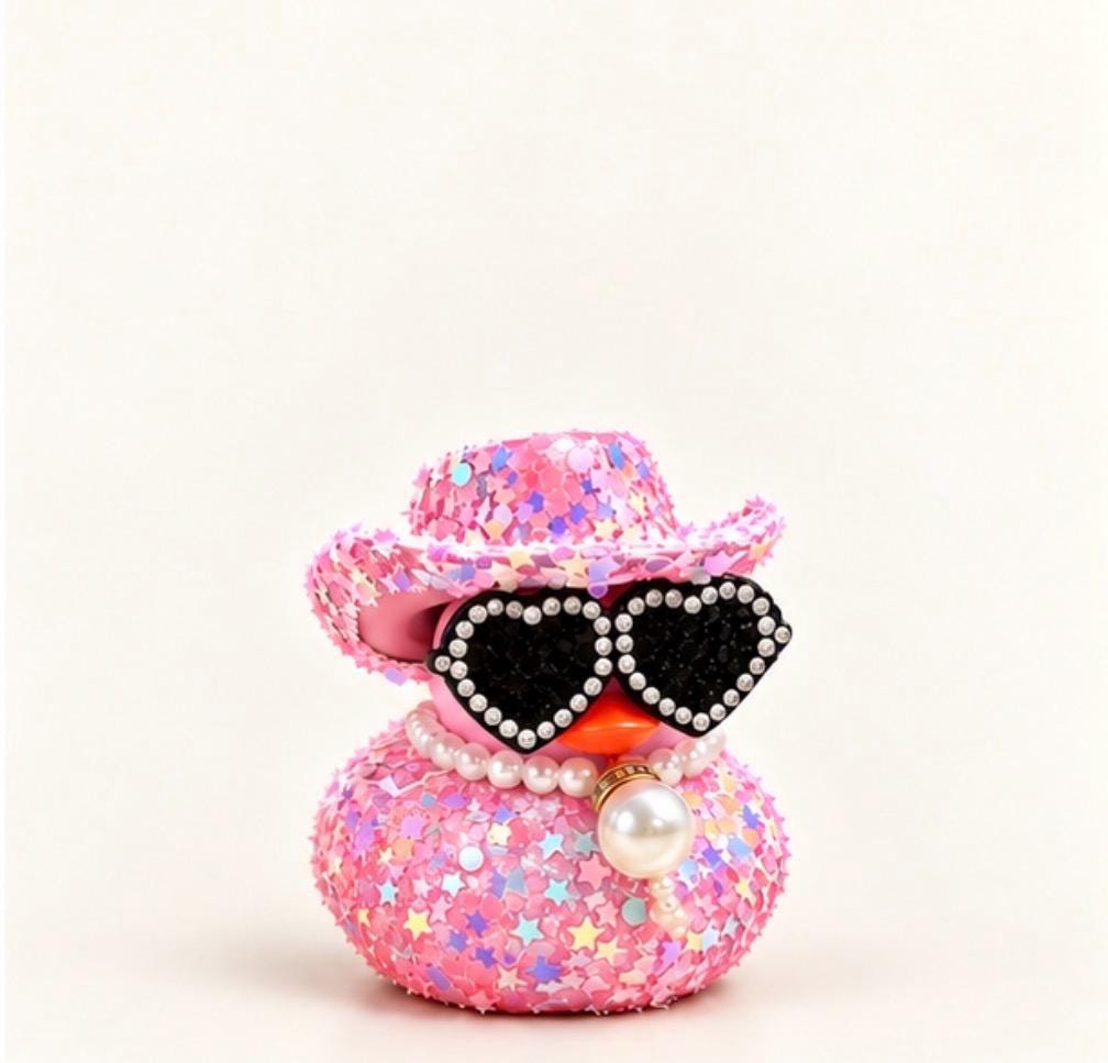 Blinged Sparkly Cowboy Hat Duck with Rhinestone Heart Sunglasses, 2 Inch Decorated Duck, Pink, Purple or Blue, Single or Set of 3