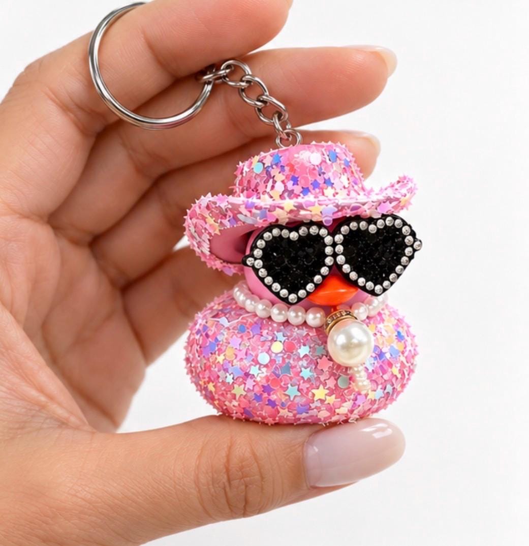 Blinged Sparkly Cowboy Hat Duck Keychain with Rhinestone Heart Sunglasses, 2 Inch Decorated Duck, Pink, Purple or Blue, Single or Set of 3