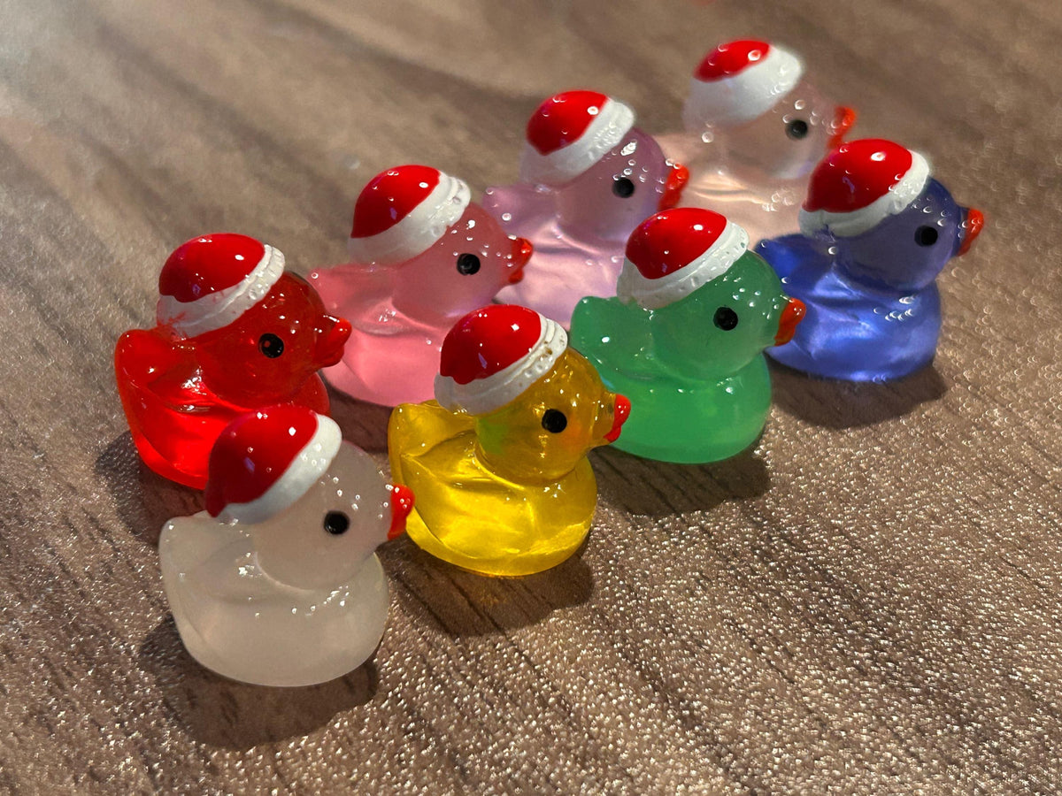 Set of 8, Glow-in-the-Dark Christmas Santa Hat Themed Mini Resin Ducks, Magnetic or Non-Magnetic, Optional Personalized Duck Hiding Tags