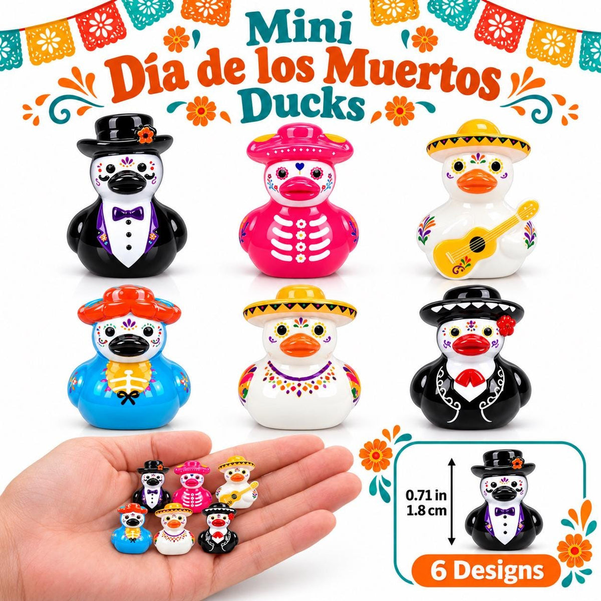 Set of 6, Mexico Day of The Dead Themed Mini Resin Ducks, Magnetic or Non-Magnetic, Optional Personalized Duck Hiding Tags