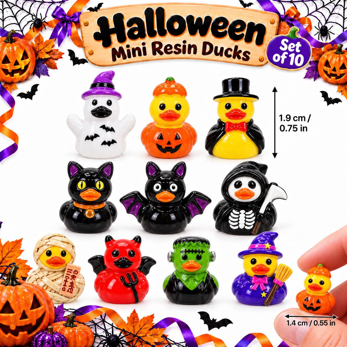 Set of 10, Halloween Fun Mix Themed Mini Resin Ducks, Magnetic or Non-Magnetic, Optional Personalized Duck Hiding Tags