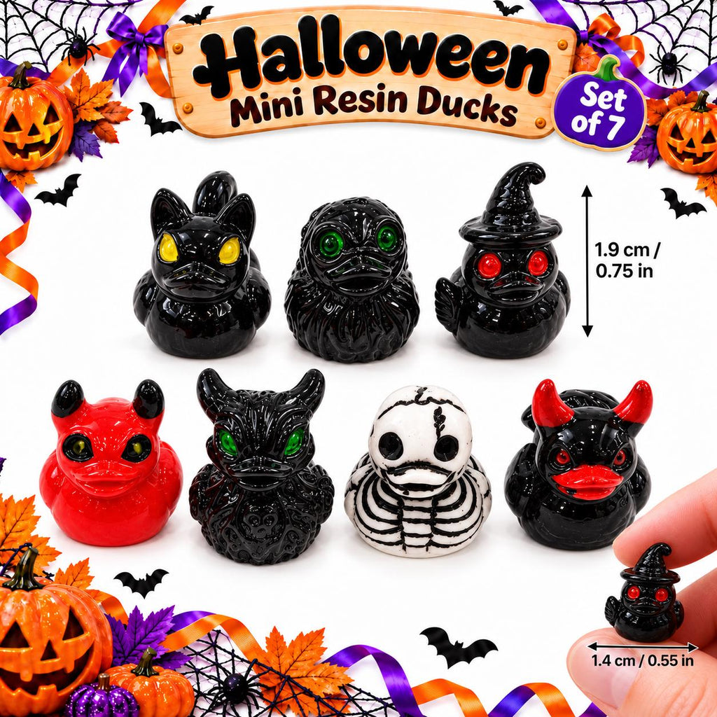 Set of 7, Spooky Halloween (Set 3) Themed Mini Resin Ducks, Magnetic or Non-Magnetic, Optional Personalized Duck Hiding Tags