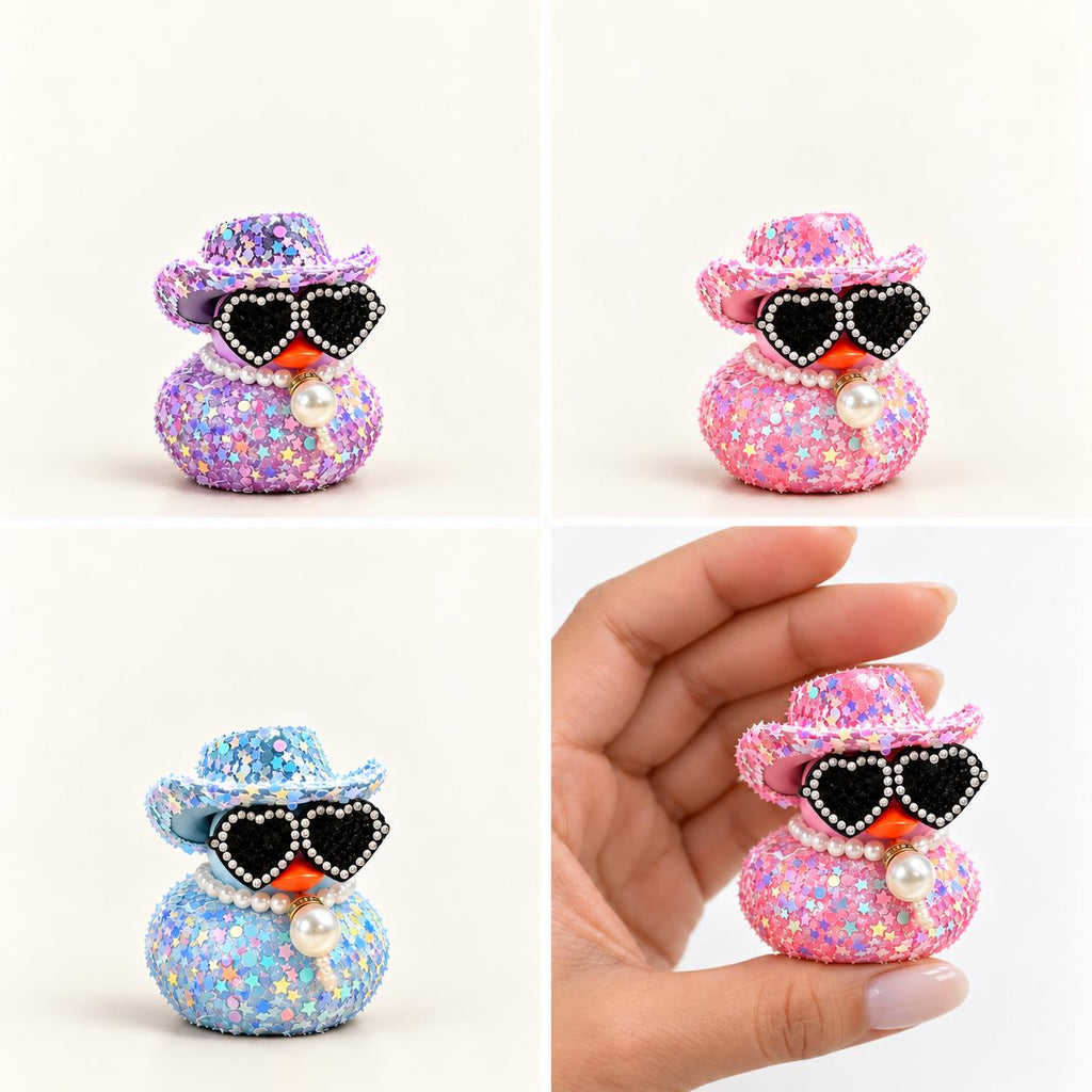 Blinged Sparkly Cowboy Hat Duck with Rhinestone Heart Sunglasses, 2 Inch Decorated Duck, Pink, Purple or Blue, Single or Set of 3