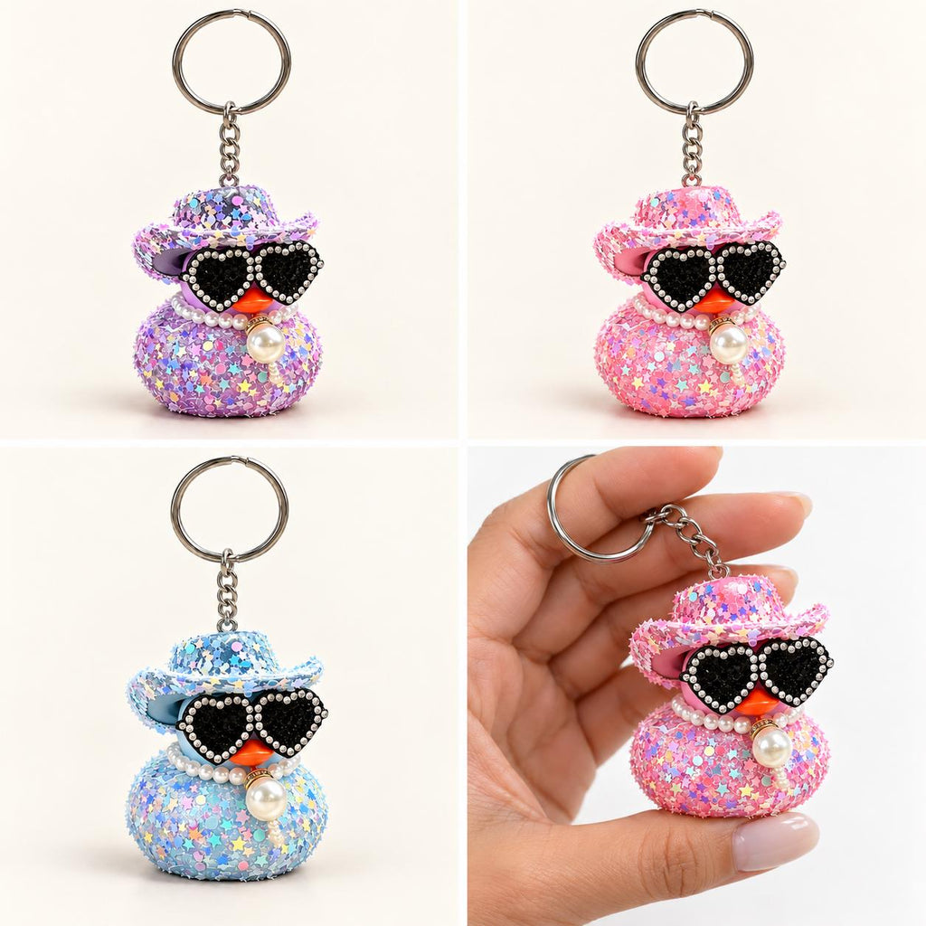 Blinged Sparkly Cowboy Hat Duck Keychain with Rhinestone Heart Sunglasses, 2 Inch Decorated Duck, Pink, Purple or Blue, Single or Set of 3